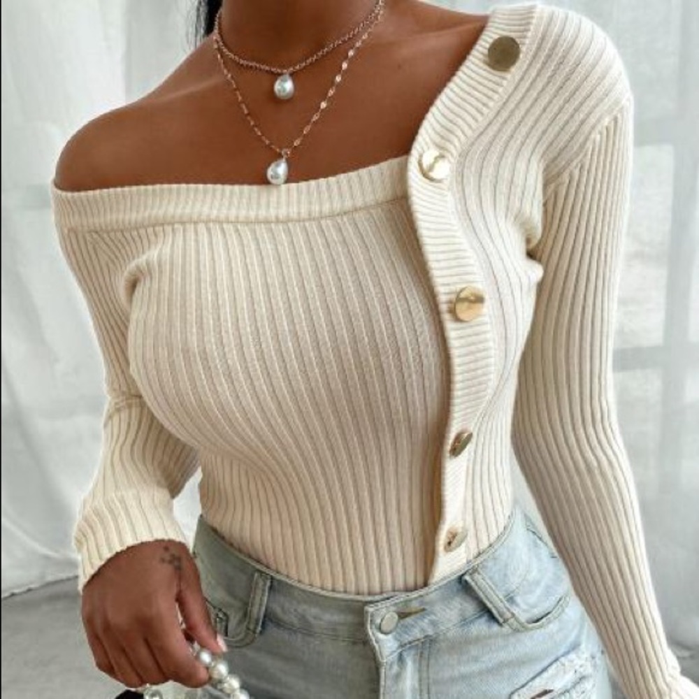 Off Shoulder Button Design Rib Knit Sweater Size Small